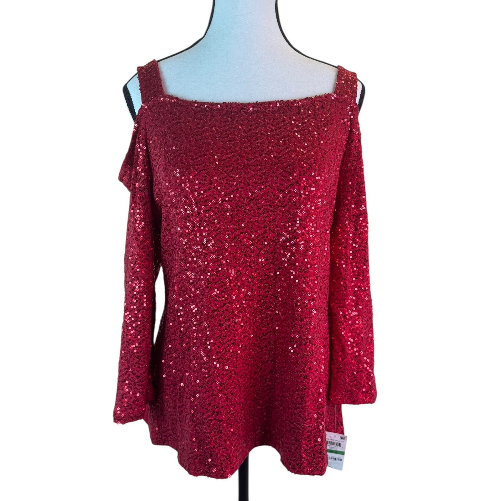 Nwt Inc International Concepts Real Red Sequin Cold Shoulder Party Top Sz Large